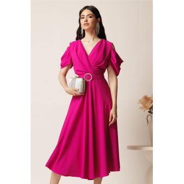 Rochie midi magenta din voal in clos cu decupaje la umeri si cordon in talie