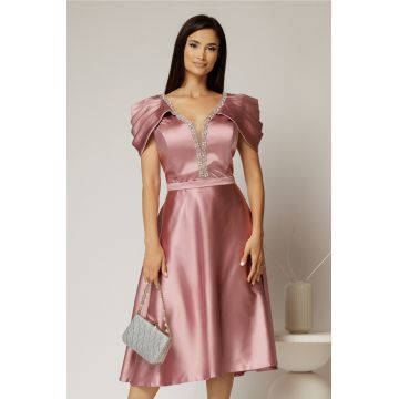 Rochie midi roz din tafta cu aplicatii la decolteu si pliuri la maneci
