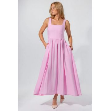 Rochie Midi  Roz Pudra - Casual - Guler Patrat - 100% Poliester