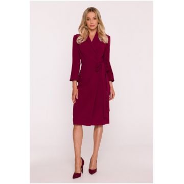 Rochie Midi - S415 bordo Decolteu in V - Guler Sal - Maneci 7/8 - Legatura in talie - Material neted cu finisaj moale - Partial captusita - Stil infasurat - Visiniu