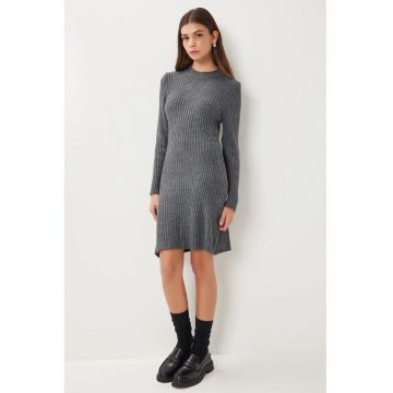 Rochie midi tricotata - Happiness Istanbul - nervuri - gri antracit - 100% acrilic -
