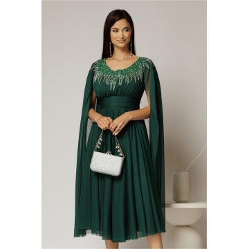 Rochie midi verde de ocazie din tul cu aplicatii la decolteu si maneci lungi