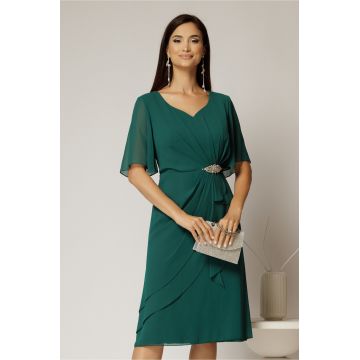 Rochie midi verde din voal cu accesoriu in talie