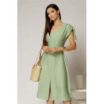 Rochie midi verde fistic din viscoza cu decolteu V si snur la maneci