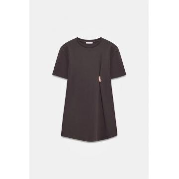 Rochie mini -  casual - maneca scurta - maro cafea - 80% bumbac