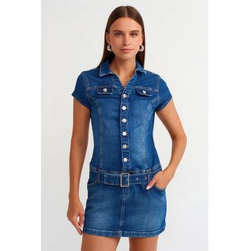 Rochie Mini -  Denim Albastru Mediu - casual - cu curea - maneca scurta - guler