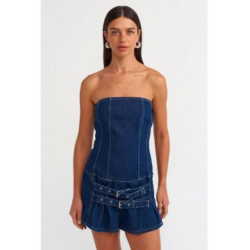 Rochie Mini -  Denim Albastru Mediu - Casual - Fara Bretele - Cu Curea