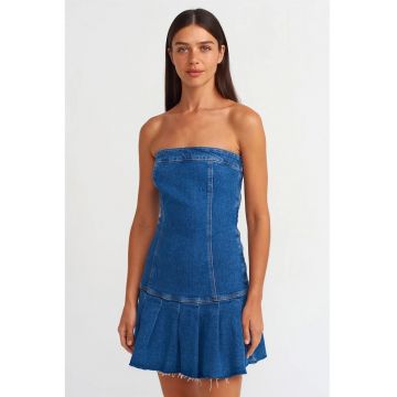Rochie Mini -  Denim Stramt - Albastru Mediu - Fara Bretele - Volanase