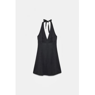 Rochie Mini -  Eleganta - Fara inchidere - Detalii cu snur - Negru
