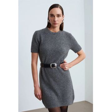 Rochie Mini -  Gri Antracit - Tricotata - Casual - Maneci Scurte - One Size