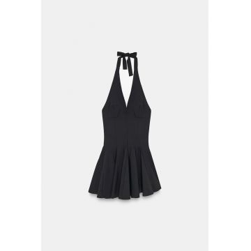 Rochie mini skater  eleganta - neagra - cu guler halter - detalii cu snur - 70% viscoza