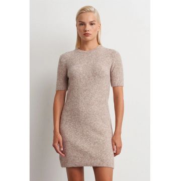 Rochie Mini -  tricotata - casual - guler rotund - ovaz natural - fara inchidere -