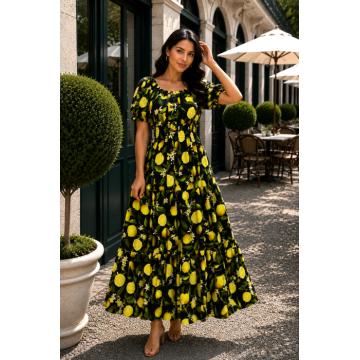 Rochie neagra lunga de vara imprimata cu lamai