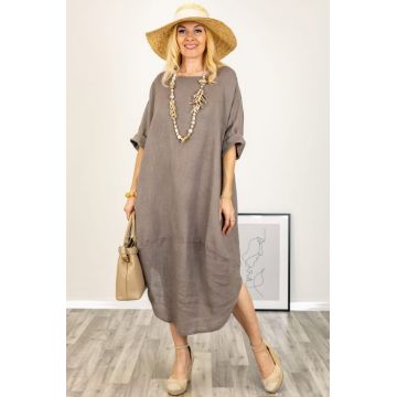 Rochie oversize lalea cu crapatura rotunjita, din in bej inchis