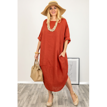 Rochie oversize lalea cu crapatura rotunjita, din in, caramizie