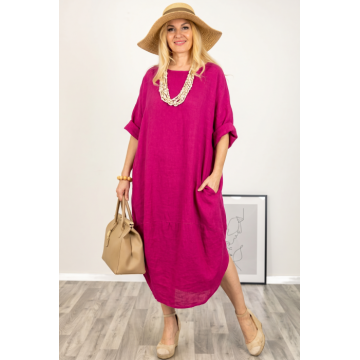 Rochie oversize lalea cu crapatura rotunjita, din in, magenta
