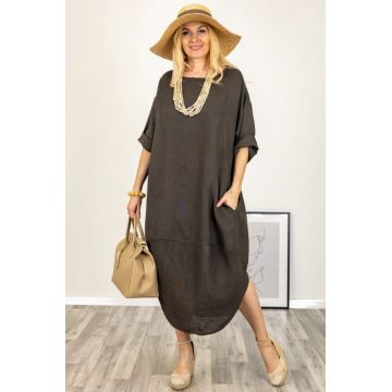 Rochie oversize lalea cu crapatura rotunjita, din in, maron ciocolata