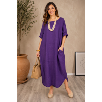 Rochie oversize lalea cu crapatura rotunjita, din in, mov