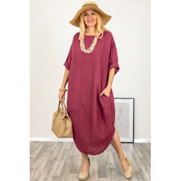 Rochie oversize lalea cu crapatura rotunjita, din in, roz inchis