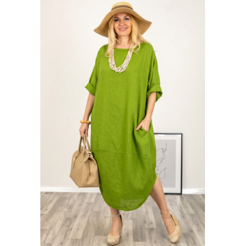 Rochie oversize lalea cu crapatura rotunjita, din in, verde olive