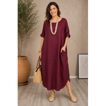 Rochie oversize lalea cu crapatura rotunjita, din in visinie