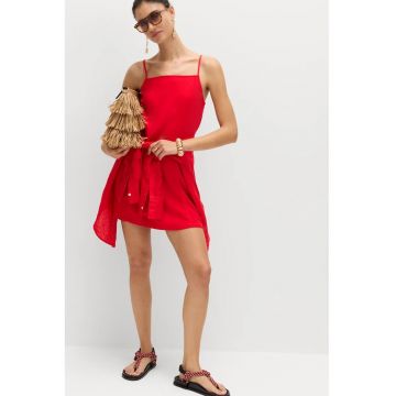 Rochie scurta din amestec de in cu bretele ajustabile subtiri - Rosu vermillion