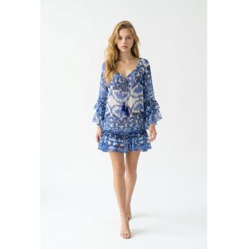 Rochie scurta tip camasa din voal imprimat - Alb/Albastru
