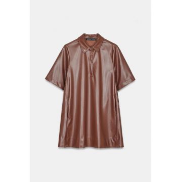 Rochie tip camasa -  din piele ecologica - lejera - maro castaniu - poliuretan
