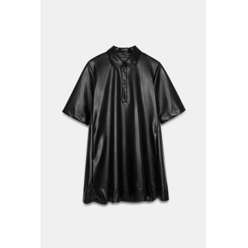 Rochie tip camasa mini -  negru - poliuretan - maneci scurte - stil lejer