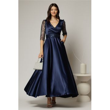 Rochie Adria lunga bleumarin cu cordon in talie