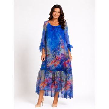 Rochie albastra de vara din matase naturala cu imprimeu abstract