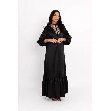 Rochie-caftan cu aspect satinat - Negru