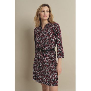 Rochie-camasa cu model floral - Alb/Negru/Visiniu inchis
