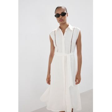 Rochie-camasa din in cu cordon in talie - Alb