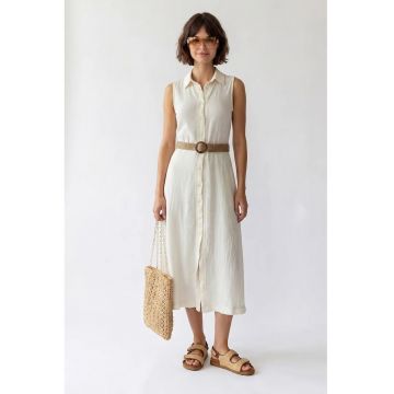 Rochie Camasa Midi -  Alb Prafuit - Bumbac - Fara Maneci - Cu Cordon