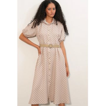 Rochie camasa midi  buline - bej natural - casual - cu curea - poliester-elastan