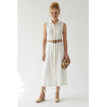 Rochie Camasa Midi -  Casual - Alb Prafuit - 100% bumbac