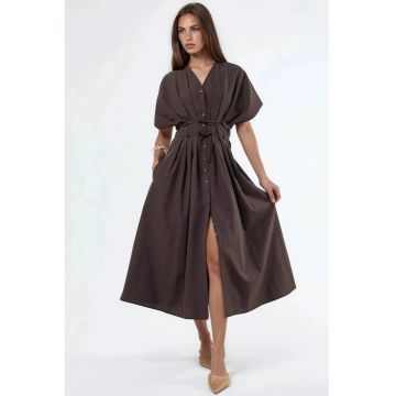 Rochie camasa midi  casual - decolteu in V - maro cafea - bumbac si poliester