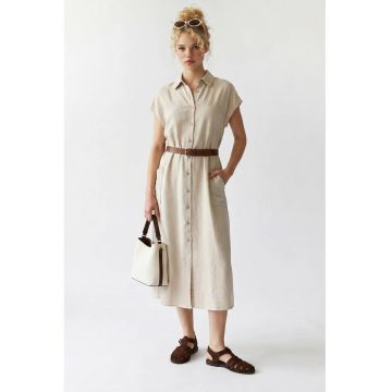 Rochie Camasa Midi cu Cordon -  Bej Natural - Casual - 100% poliester