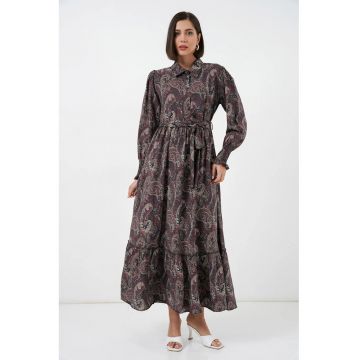 Rochie camasa midi  multicolor - cu imprimeu paisley - maneca lunga - cu curea - 80% viscoza - 20% nailon