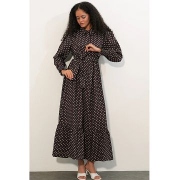 Rochie camasa midi  paisley - maro mocha - viscoza si nailon - cu cordon