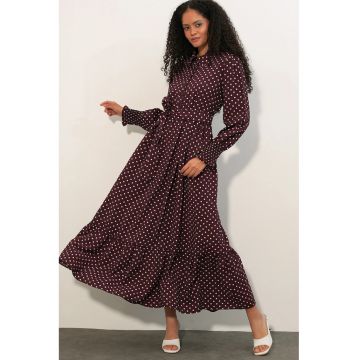 Rochie camasa midi  paisley - mov - viscoza si nailon - cu cordon - maneci lungi