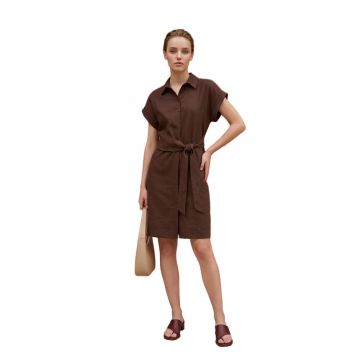 Rochie Camasa Mini -  Casual - Guler - Maro Cafea - 100% Bumbac