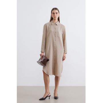 Rochie-camasa texturata cu guler clasic - Bej inchis