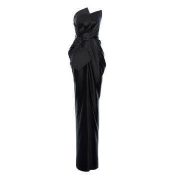 Rochie cambrata lunga cu aspect de satin si aplicatii - Negru