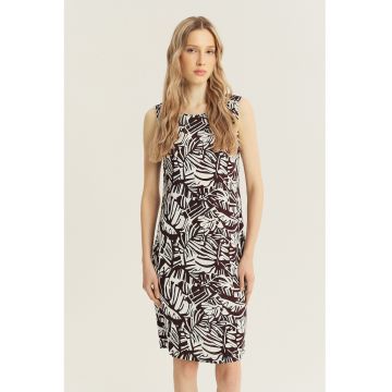 Rochie cu croiala dreapta si imprimeu floral - Maro cognac/Alb optic