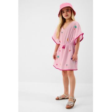 Rochie cu decolteu in V si broderie - Galben/Roz pal/Albastru
