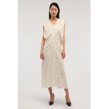 Rochie cu decolteu in V si buline - Gri carbon/Bej sampanie