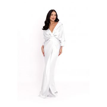 Rochie cu design drapat si slit frontal - Alb optic