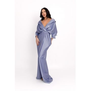 Rochie cu design drapat si slit frontal - Albastru prafuit